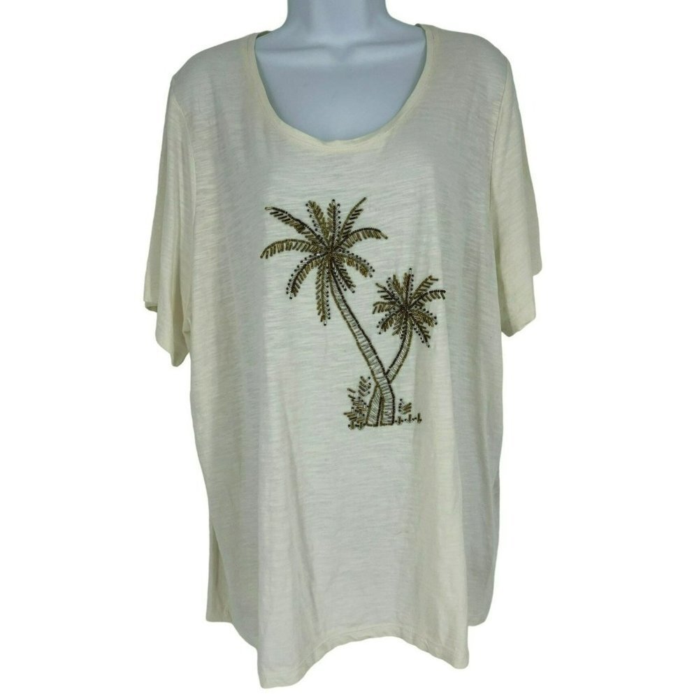 Catherines Short Sleeve Scoop Neck Beaded T-Shirt Size Petite 1XWP